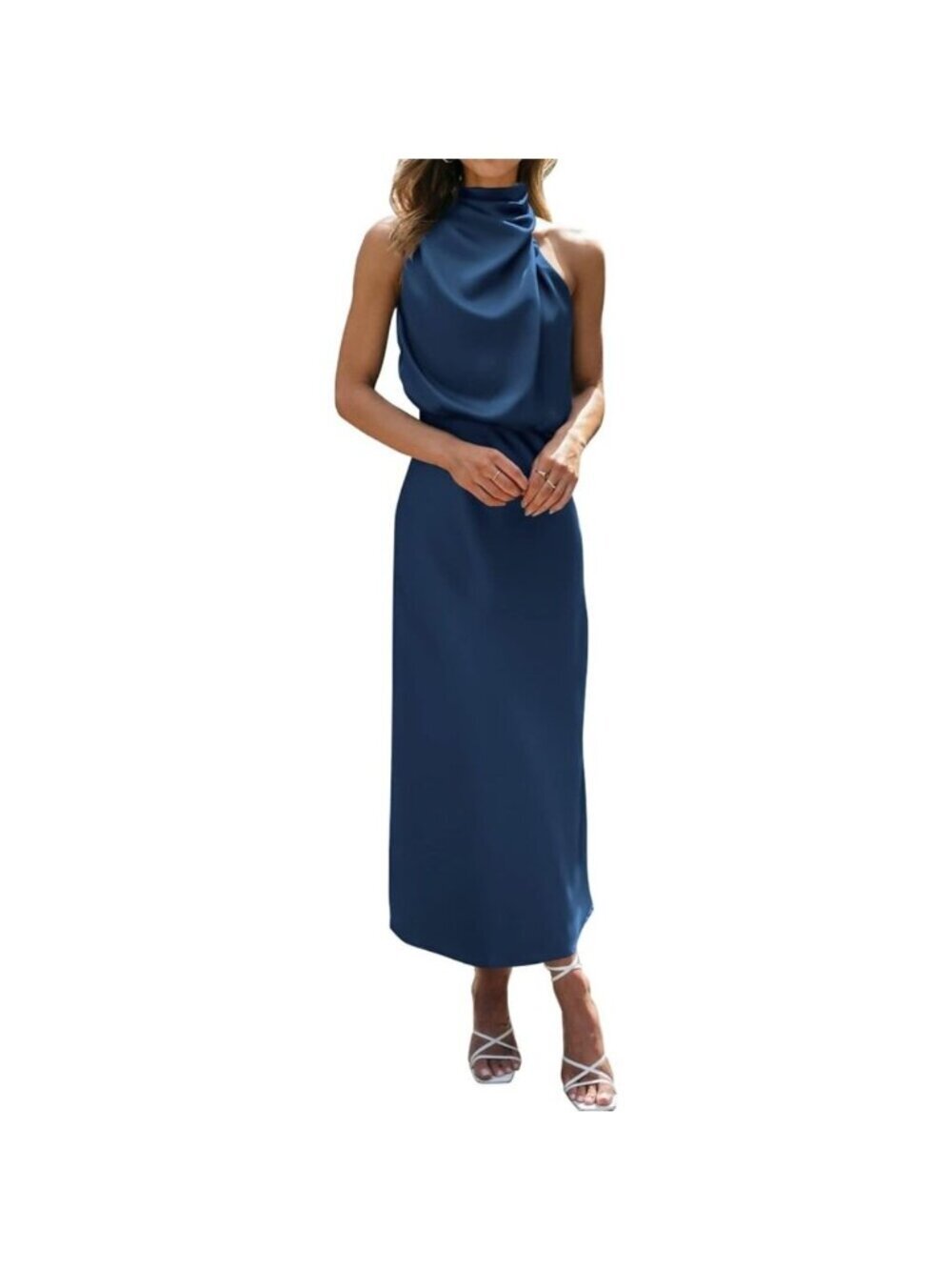 Women's Dark Blue Cocktail Dress for Satin Silk Sleeveless High Waist Maxi